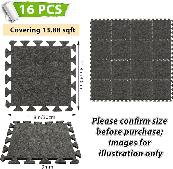 16 Pcs Sound Absorbing Interlocking Floor Mats, 11.8 x 11.8 x 0.4 inches High Density Piano Carpet Drum Rug, Non-Slip Anti Vibration Soundproof Pads Acoustic Blankets for Music Studio