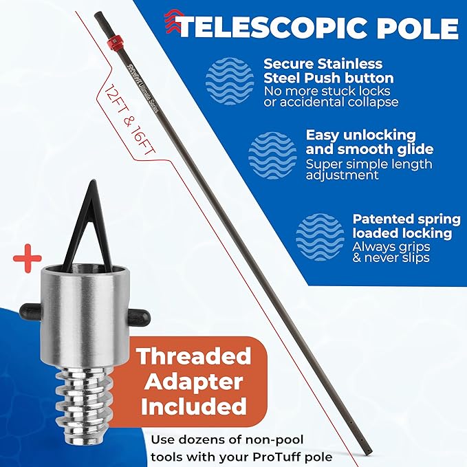 ProTuff 16ft Heavy Duty Telescopic Pool Pole – Unconditional Lifetime Replacement - Instant & Reliable Extension - Universal Fit for Nets, Skimmers, Brushes & Vacuums - Anti-Slip, Comfort Grip