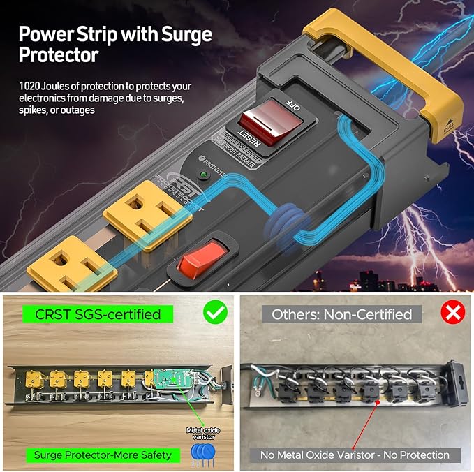 CRST 6-Outlet Heavy Duty Metal Power Strip with Individual Switches, 15A/1875W Wide-Spaced for Bulky Plugs, 6FT Cord with Cable Management, 1020J Surge Protector for Garage, Workshop, Home
