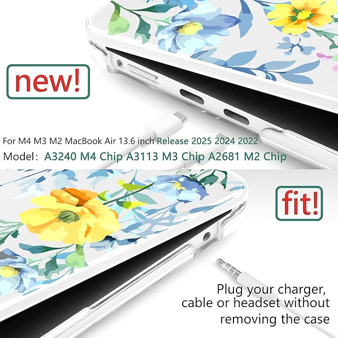 TWOLSKOO Compatible with MacBook Air 13 inch Case M5 2026 M4 2025 M3 M2 2024-2022 A3449 A3240 A3113 A2681, Plastic Hard Shell & Keyboard Cover for MacBook Air 13.6 inch Case, Blue Flowers