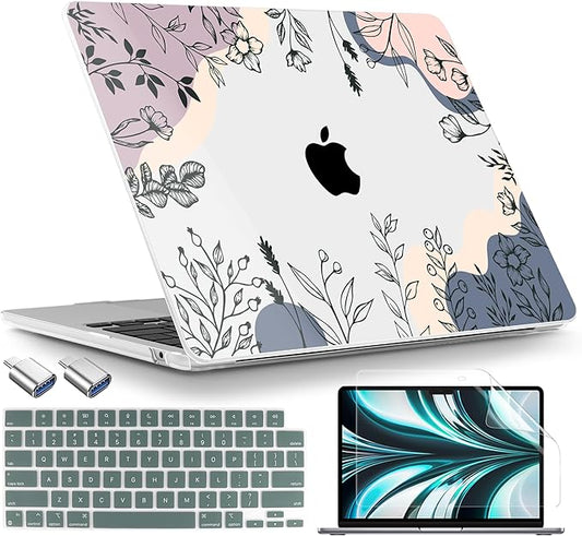 TWOLSKOO for MacBook Air 13 inch Case M4 A3240 M3 A3113 M2 A2681 2025 2024 2022 Plastic Hard Shell, Keyboard Cover, Type C Adapter, Screen Protector for MacBook Air 13.6 inch, Spring Line Art