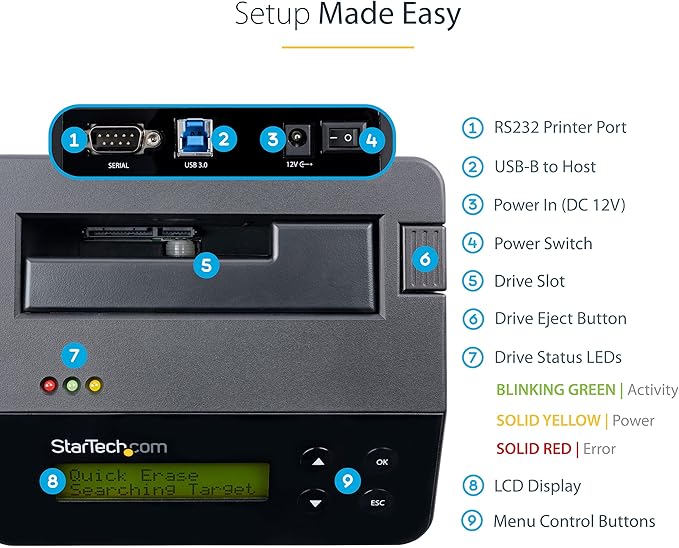StarTech Single Bay Hard Drive Eraser, Standalone HDD/SSD Disk Sanitizer, NIST 800-88 & DOD 5220.22-M Secure Erase, 4Kn, USB 3.0 to SATA III, 9 Erase Modes, RS232 Printer Port, TAA Compliant