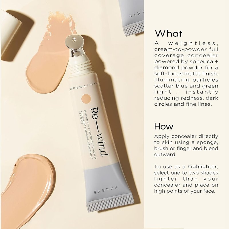 Haleys Re-Wind Concealer & Beauty Blender Set - Full Coverage Brightening Concealer + Latex-Free Makeup Sponge | Light/Medium-Warm, Smooth Soft-Matte Finish