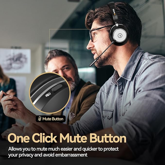 Wireless Headset with Mic for Work,Bluetooth Headphone with Noise Cancelling Microphone,2.4G USB Dongle & Mic Mute for Laptop/Computer/Cell Phones/Office/Remote Work/Call Center/Zoom/Teams/Skype