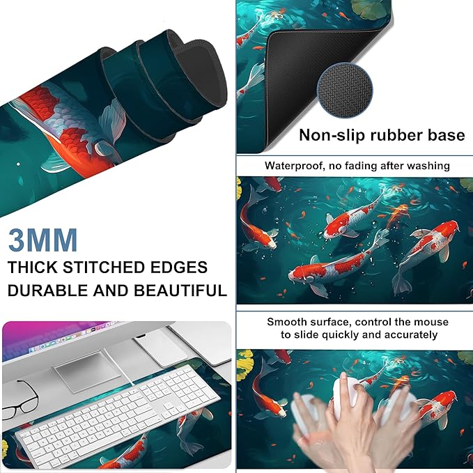 NITAHHHY Large Mouse Pad Koi Fish Gaming Desk Pad Computer Keyboard Non-Slip Waterproof Mouse Mat with Rubber Base and Stitched Edges Entertainment Office Writing Desk Mat 35.4 x 15.7 Inches