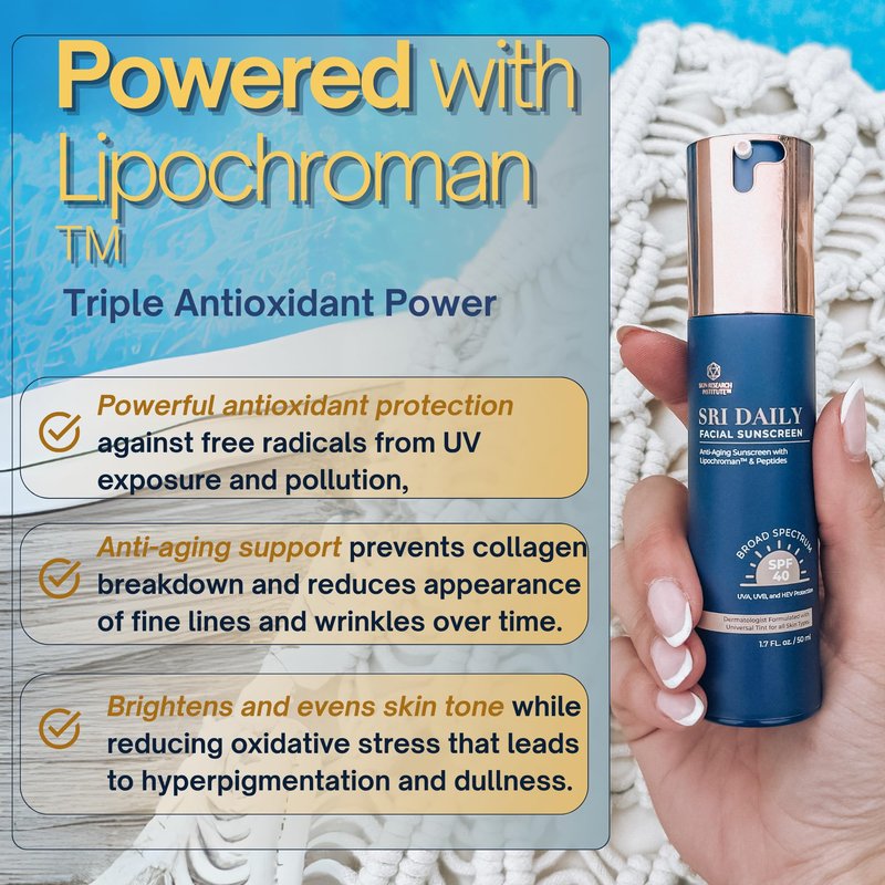 SRILabs Daily Facial Sunscreen - SPF 40 - Anti-Aging with Lipochroman & Peptides - Transparent Zinc Oxide - Universal tint & Weightless - 1.7 OZ