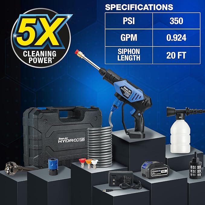 Ontel Turbo Jet HydroX5 Pro Portable Cordless Pressure Washer (21V 3000mAh Battery), 6-in-1 Nozzle, Dual Water Source, 16ft Detachable Hose