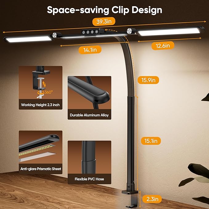 WIHTU Large Desk Lamps for Home Office, 39.3" Architect Desk Lamp with Clamp, 24W Ultra Bright LED Desk Light Stepless Dimming Eye-Caring Office Desk Lamp for Study Work