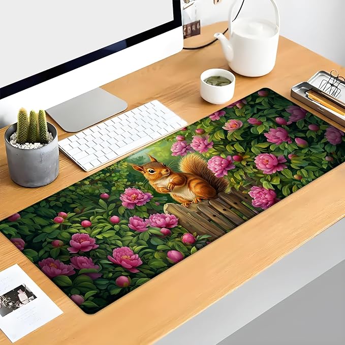 Kibue Squirrel Gaming Mouse Pad Extended Desk Computer Keyboard Laptop Mouse Pads for Gaming Home Office Work, Large Long Desk Mat Mousepad with Non-Slip Rubber Base 31.5×11.8inch(19)