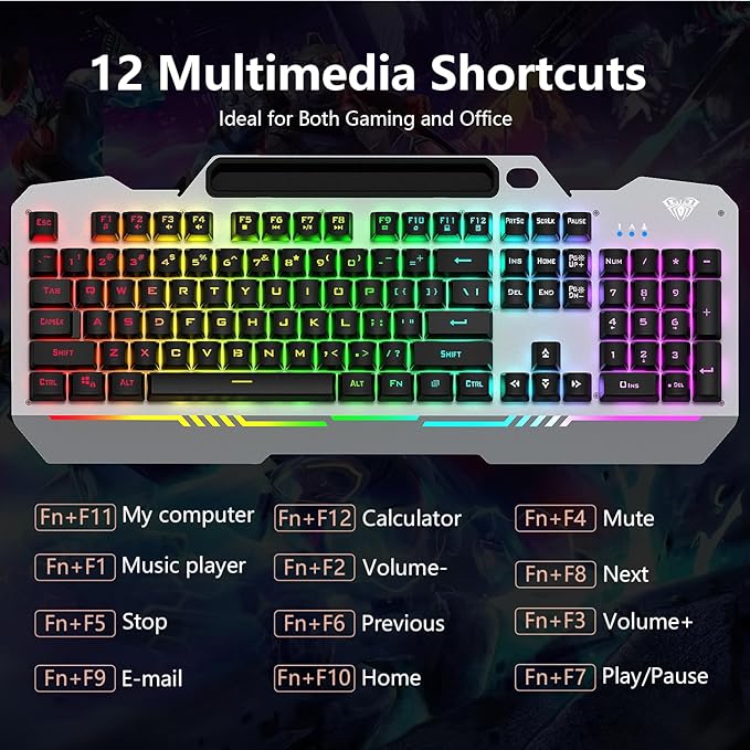 AULA Gaming Keyboard and Mouse, 104 Keys RGB Backlit Computer Keyboards Mouse and Keyboard Combo with Number Pad, All-Metal Panel Wired PC Keyboard for Laptop Win XP/7/8/10, T102 New Update Version