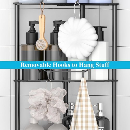 HuggieGems Corner Shower Caddy Organizer - 2 Tier Floor Standing Shelf with Hooks | Black Bathroom Storage