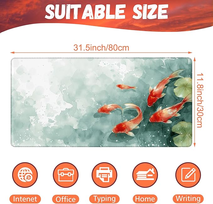 KOAIWPAE Desk Pad, Watercolor Koi Fish Desk Mat, Koi Fish in Pond Large Gaming Mouse Pad, 31.5"x15.7" Extended Big Computer Keyboard Mouse Pad with Non-Slip Base and Stitched Edge