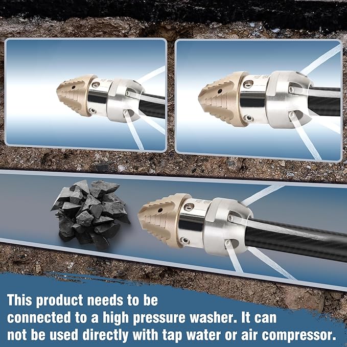 Anrain 3/8 Sewer Jetter Nozzle for 70 L/min Pressure Washer, 360 Degree 3/8 NPT Sewer Jetter Rotating Nozzle, Stainless Steel, for Courtyards, Cars, Outdoor Facilities, 2-Year US Warranty