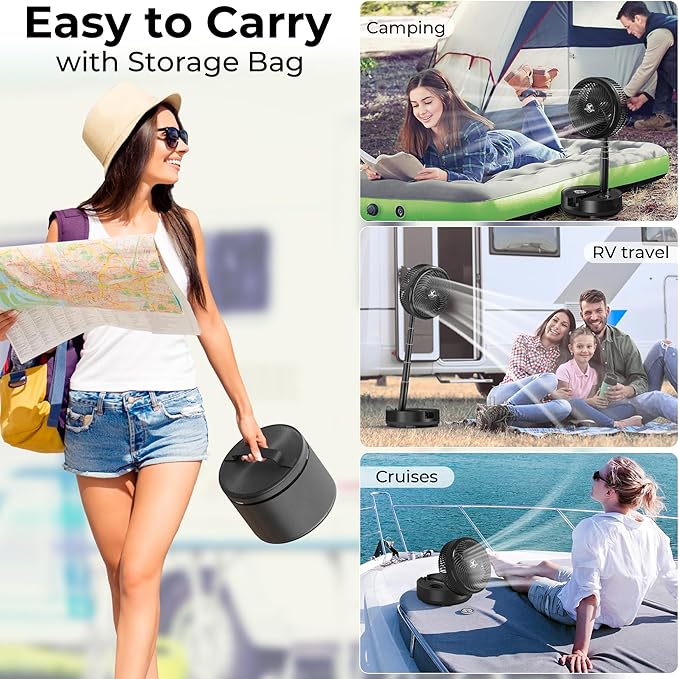 40000mAh Portable Travel Fan, Rechargeable Collapsible Fan, 106H Run, 8 Speeds Standing Oscillating Fan, Battery Powered with Timer & Light for Travel Cruise Essentials RV Outdoor Bedroom Power Outage