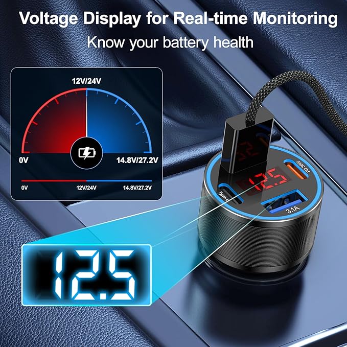 USB C Car Charger,2Pack 65W 4 Port Fast Charging Car Phone Charger with Voltage Display,Multi Port Cigarette Lighter Adapter USB Chargers for iPhone 17 16 15 14 Pro Max,Galaxy S25,iPad,Pixel,Android