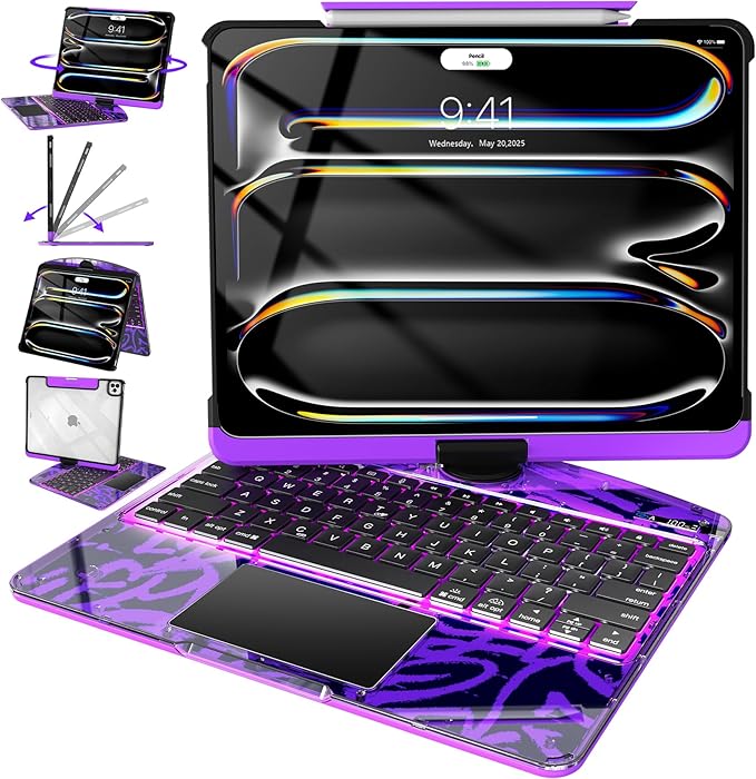 Intermerge Clear Keyboard Case for iPad Pro 11"(M5,2025/ M4,2024), 360° Swivel Multi-Touch Trackpad, 7-Color RGB Backlit, Pencil Holder, Type-C, Power Indicator, Neon Pulse