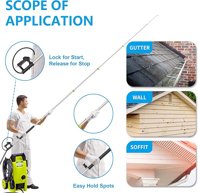 24 FT Telescoping Pressure Washer Wand Extension, Hot Water Supported Power Washer Extension Wand with Turbo Nozzle, 5 Nozzle Tips, 2 Adapters, Harness, Gutter Cleaning Tools from The Ground