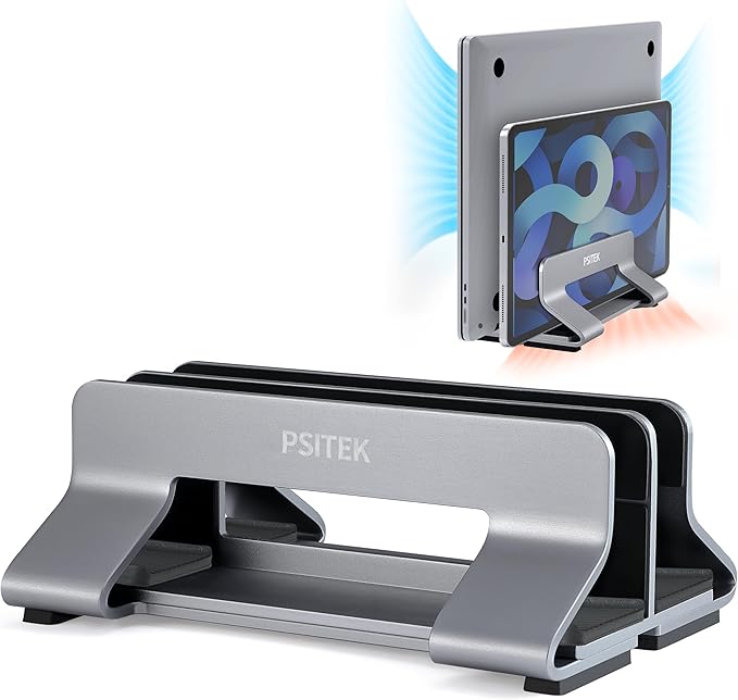 Psitek Aluminum Dual Vertical Laptop Stand Dock Holder, Supports 2 Devices, Adjustable Slot Width 15-36mm, Space-Saving Upright Storage for MacBook and Laptops