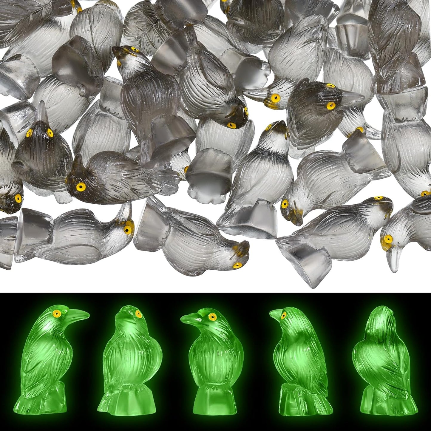 Skiennix Halloween Miniature Crows - Luminous Resin Raven Figurines for Spooky Decor | 100 Pcs