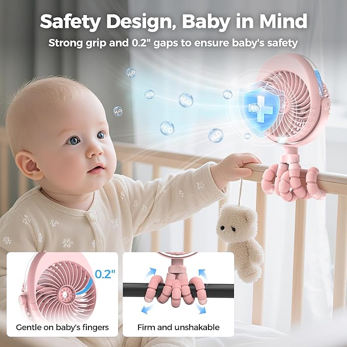 2026 Upgraded Misting Baby Stroller Fan Rechargeable, Flexible Tripod Clip for Car Seat Crib, Baby Shower Gifts & Baby Registry Search, Newborn Essentials for Beach Travel, Disney Summer Essentials