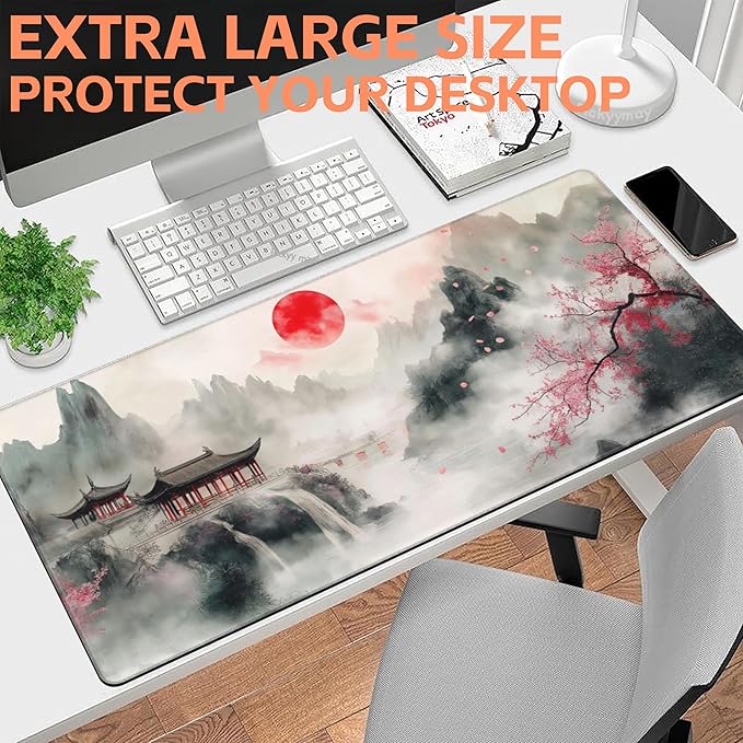 NIYLYNSYN Mouse Pad Large Chinese Landscape Painting Non-Slip Game Desk Mat with Stitched Edge Laptop Keyboard Desk Pad for Work Home Gaming (35.4 x 15.7 Inches)