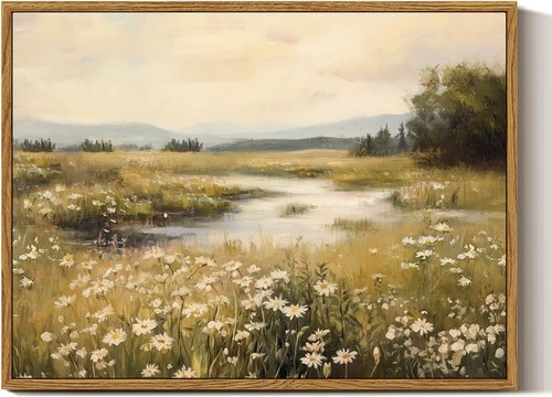 InSimSea Framed Canvas Wall Art - Vintage Spring Landscape Wildflower Field Painting | 12x16 Inch Decor