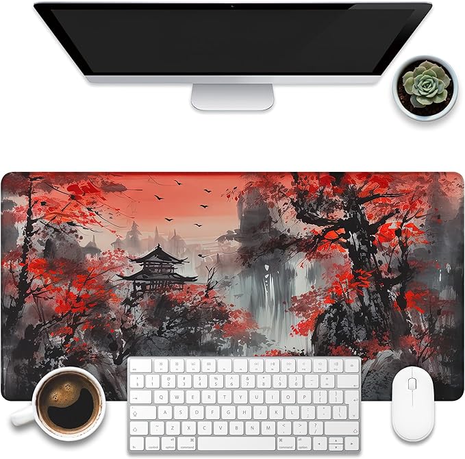 KOAIWPAE Desk Mat, Red Landscape Painting Desk Pad, Ink Painting Large Gaming Mouse Pad for Desk, 31.5"x15.7" Extended Big Computer Keyboard Mouse Pad with Non-Slip Base and Stitched Edge