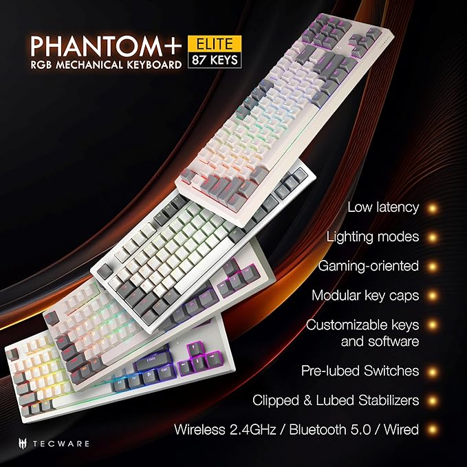 TECWARE Phantom+ Elite 87 Key RGB Mechanical Gaming Keyboard | 3 Mode Wireless Bluetooth 5.0 2.4GHz & USB C Wired | Hot Swappable 5 Pin | Double Shot PBT Keycaps | Wraith Pink Switch - White
