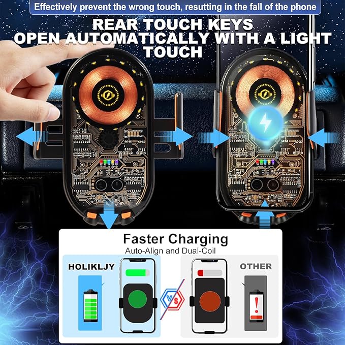 HOLIKLJY Wireless Car Charger, 15W Fast Charging Auto-Clamping Car Charger Phone Mount Air Vent Cell Phone Holder Compatible with iPhone 16 Pro Max/15/14/13/12/11, Samsung Galaxy S23/S22/S21/S20, etc