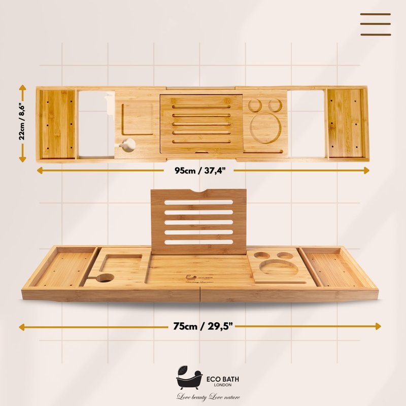 Eco Bath London Luxury Bamboo Bath Tray - Adjustable Bathtub Caddy with Book Holder Wine Glass Slot Phone Stand, Expandable Bath Shelf for Tub, Spa Bath Accessories Gift for Women and Men