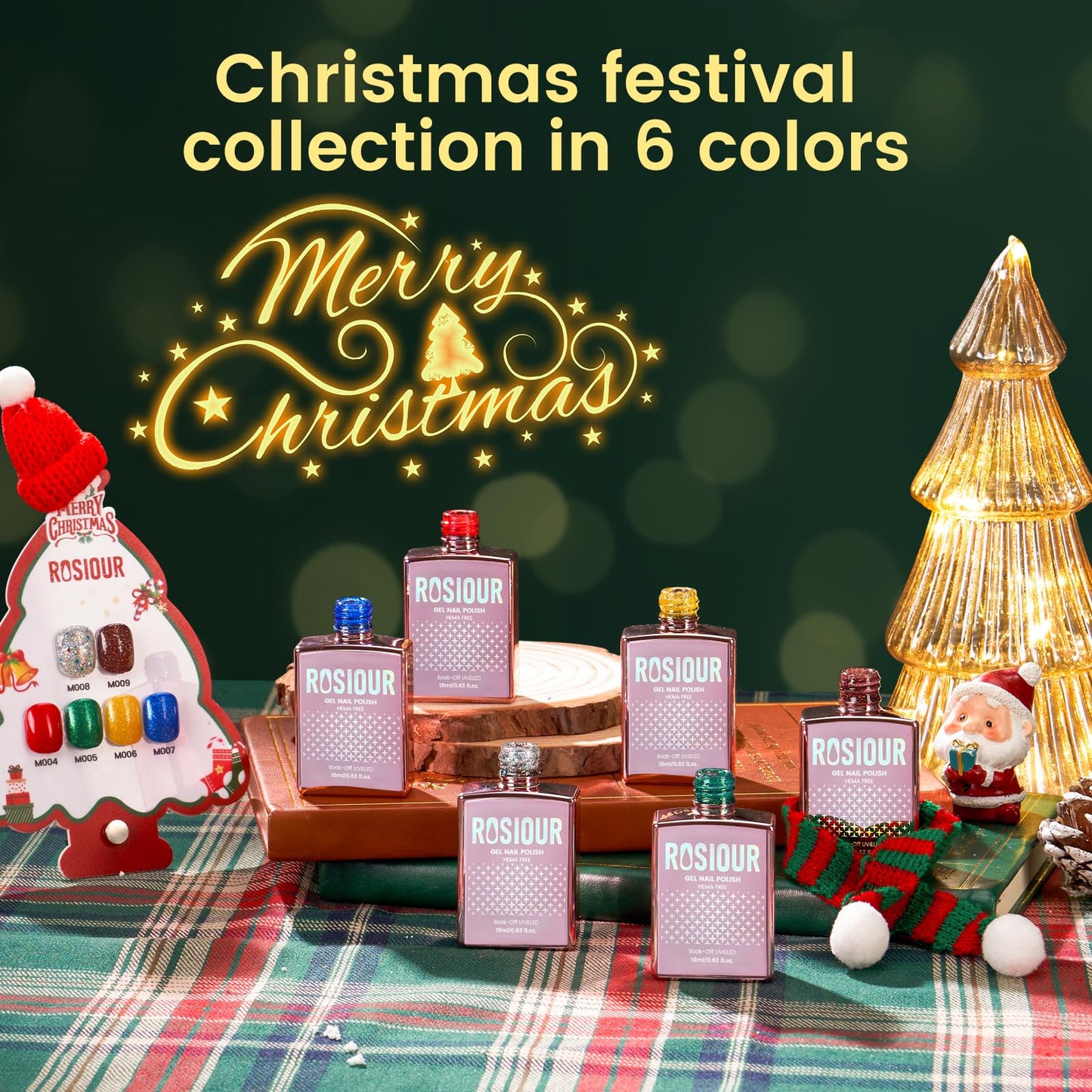 6PCS Christmas Gel Nail Polish Set- Hema TPO Free Sparkle Green Blue Soak off U V Gel Polish Set with Swatch Board - Glitter Gold Silver Gel Polish Colors Nail Art Manicure Salon DIY at Home for Women