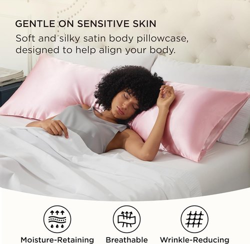 Bedsure Body Pillow Cover - 20x54 Inches Pink Satin Pillowcase for Hair & Skin | Cooling & Silky Design