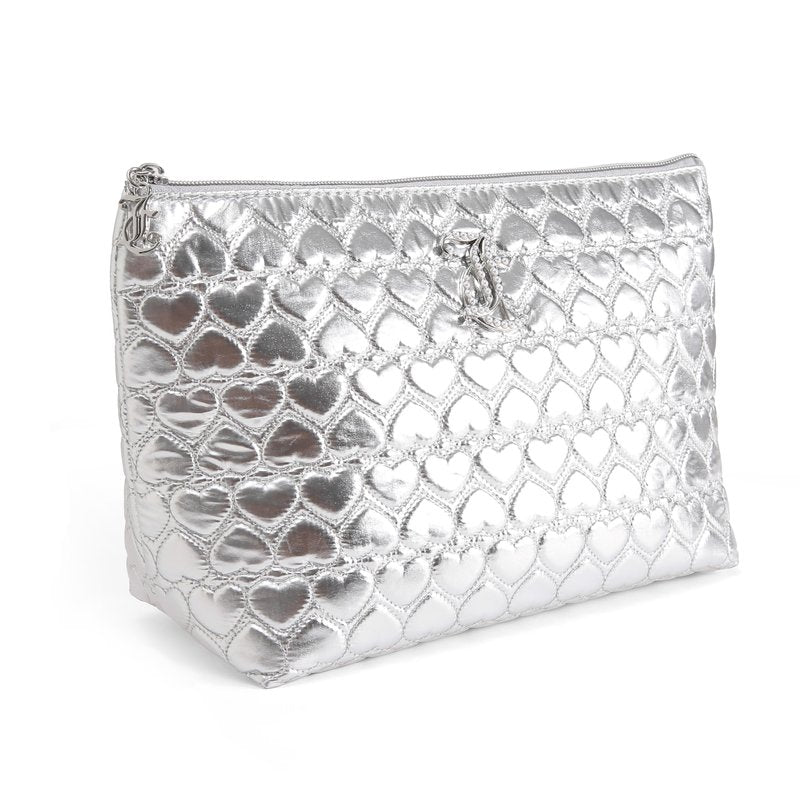 Juicy Couture Silver Makeup Bag Cosmetics Organizer Travel Essentials Top Zip Pouch Shiny Quilted Heart