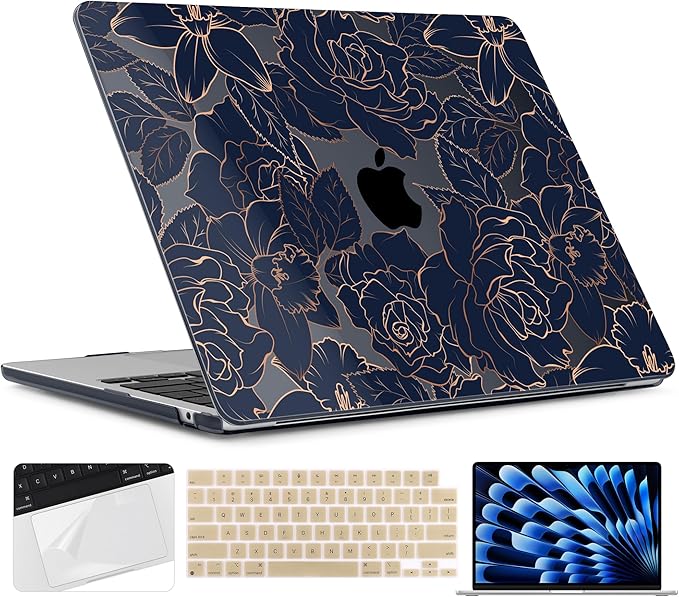 TWOLSKOO for MacBook Air 15 inch Case 2026 2025 2024 2023 Release M5 A3448 M4 A3241 M3 A3114 M2 A2941, Plastic Hard Shell & Screen Protector & Keyboard Cover & Trackpad Film, Elegant Roses