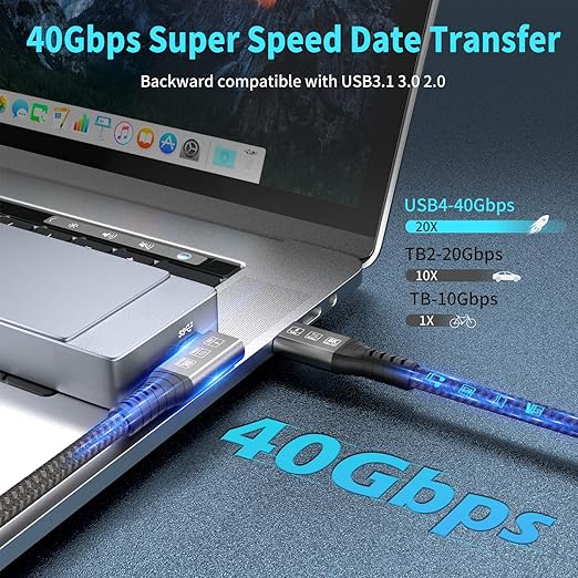 CHENLENIC USB4 Cable, with Thunderbolt 4 Cable, 240W Charging, 40 Gbps Data, 8K @ 60Hz HDR, USB C to USB C, 90Degree for Hub, Dock MacBook, M2, M3, Mac SSD (90Degree USB4 40G 240W 1.5M)