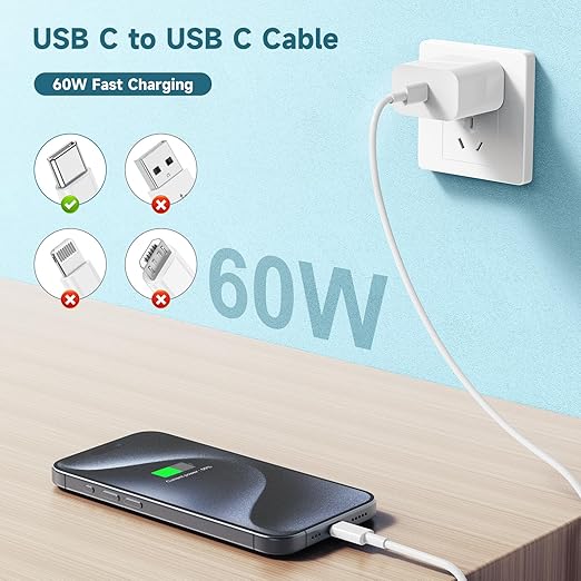 60W USB C to USB C Cable [3Pack] iPhone 17 16 15 Fast Charging Cable,10ft Long USB-C to USBC Power Cord for iPhone 17/16/15 Pro Plus Pro Max, MacBook Pro Air/IPad /iPad Pro 12.9/11,AirPods 4(White)