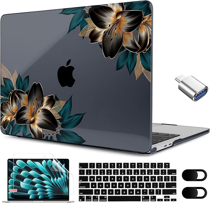 MEEgoodo for M5/M4/M3/M2 MacBook Air 15 inch Case 2026 2025 2024 2023, Case Fit Model (A3448/A3241/A3114/A2941) for MacBook Air 15.3 inch, Golden Lilies