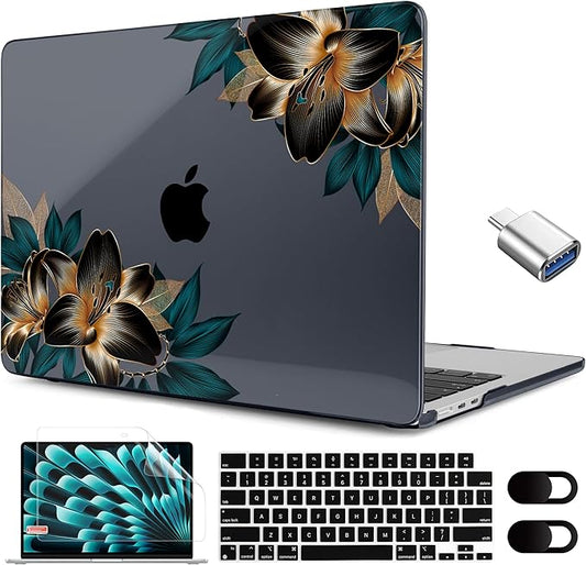 MEEgoodo for M5/M4/M3/M2 MacBook Air 15 inch Case 2026 2025 2024 2023, Case Fit Model (A3448/A3241/A3114/A2941) for MacBook Air 15.3 inch, Golden Lilies