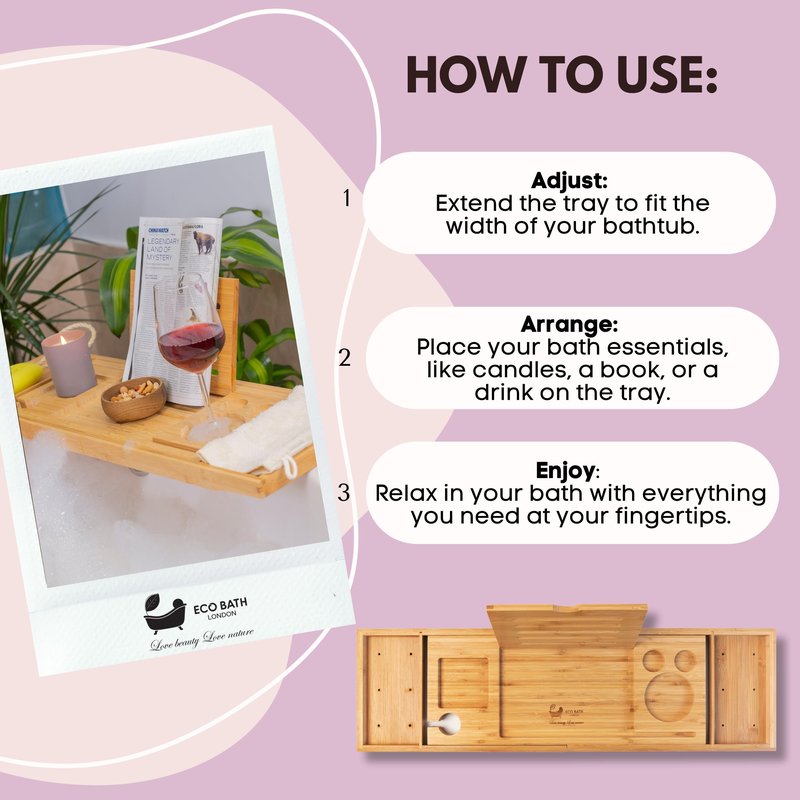 Eco Bath London Luxury Bamboo Bath Tray - Adjustable Bathtub Caddy with Book Holder Wine Glass Slot Phone Stand, Expandable Bath Shelf for Tub, Spa Bath Accessories Gift for Women and Men