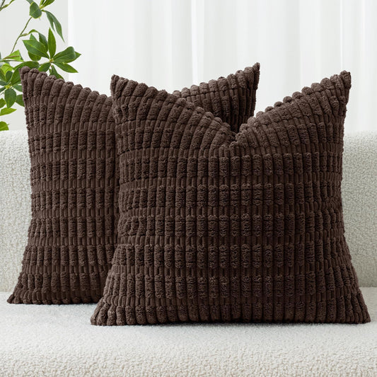 MIULEE Decorative Throw Pillow Covers - Soft Corduroy Boho Striped Design | 16x16 Inch, Dark Brown, Set of 2