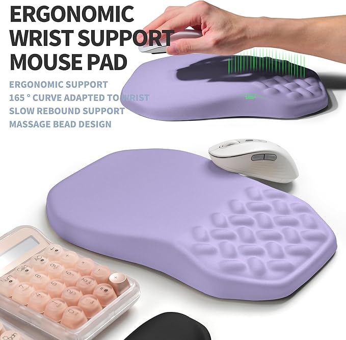 Gleamtide 2-in-1 Ergonomic Set, Wave Keyboard Wrist Rest and Massage Slope Mouse Pad Wrist Support, Rebound Memory Foam for Relieve Carpal Tunnel Syndrome and Wrist Pain (Lavender Purple)