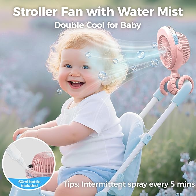 2026 Upgraded Misting Baby Stroller Fan Rechargeable, Flexible Tripod Clip for Car Seat Crib, Baby Shower Gifts & Baby Registry Search, Newborn Essentials for Beach Travel, Disney Summer Essentials
