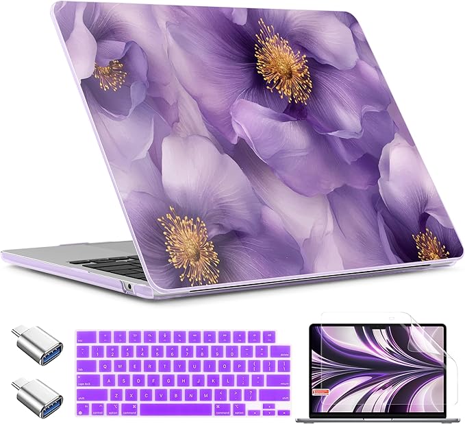 TWOLSKOO for MacBook Air 13 inch Case M4 A3240 M3 A3113 M2 A2681 2025 2024 2022 Plastic Hard Shell, Keyboard Cover, Type C Adapter, Screen Protector for MacBook Air 13.6 inch, Purple Flowers