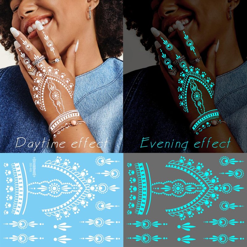 Casciybo Glow In The Dark Tattoo 7 Sheets for Women, UV Blacklight Reactive Face Temporary Tattoos for Adults Fake Flower Butterfly Waterproof Face Body Arm Tattoo, Night Glitter Party Supply