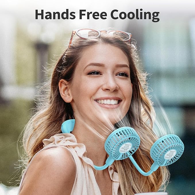 Portable Neck Fan, 2600mAh Battery Operated, Ultra Quiet Hands Free USB Fan with 3 Speeds, Strong Wind, 360° Adjustable High Flexibility Wearable Personal Fan for Sport Office Outdoor Travel-Cyan
