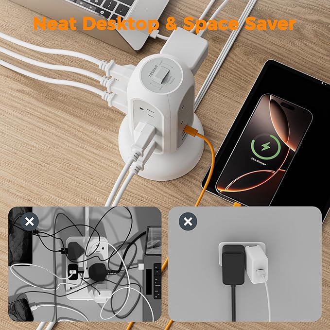 TESSAN Tower Power Strip Flat Plug with 11 Outlets 3 USB (1 USB C), Surge Protector Tower 1625W/13A,1050J Protection, 5 Ft Retractable Extension Cord with Multiple Outlets, Office Desk Supplies, Grey