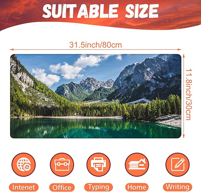 KOAIWPAE Desk Mat, Lake Mountain Landscape Desk Pad, The Alps Large Gaming Mouse Pad for Desk, 31.5"x15.7" Extended Big Computer Keyboard Mouse Pad with Non-Slip Base and Stitched Edge