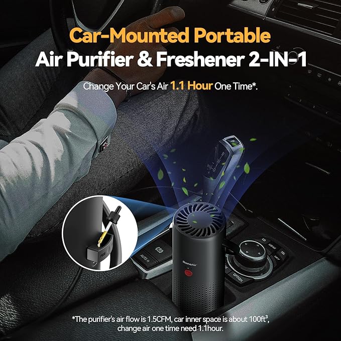 RoneAir Cordless Portable Air Purifier for Car, Small Room, Office with True HEPA Filter, Travel Air Purifier for Smoke, 0dor & Dust with USB C, Aroma Chamber (Grey)