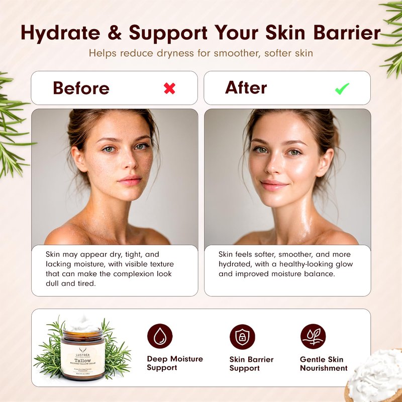 LUSTRÉA Whipped Tallow Cream for Face & Body 4oz (120g) Unscented | Grass Fed Beef Tallow Face Cream | Hydrating Face Cream for Sensitive Skin | Non-Greasy Skin Moisturizer | Multi-Use Body Balm