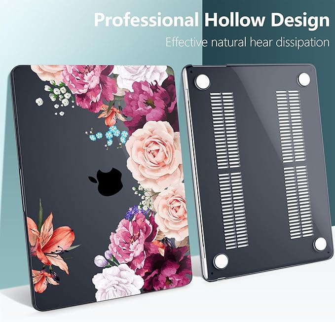 TWOLSKOO for MacBook Air 13 inch Case M5 2026 M4 2025 M3 M2 2024-2022 A3449 A3240 A3113 A2681, Plastic Hard Shell & Keyboard Cover & Screen Film for MacBook Air 13.6 inch Case, Black Peony